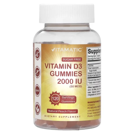 Vitamatic, Жевательные таблетки с витамином D3, натуральный персиковый вкус, 2000 МЕ (50 мкг), 120 жевательных таблеток