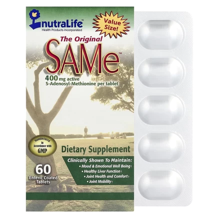 NutraLife, SAMe (дисульфат тозилат), 400 мг, 60 капсул, покрытых кишечнорастворимой оболочкой