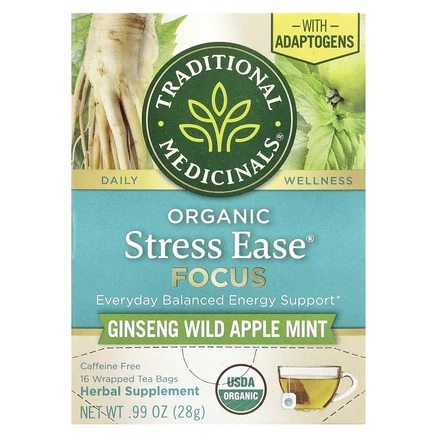 Traditional Medicinals, органический Stress Ease Focus, женьшень, дикое яблоко и мята, без кофеина, 16 чайных пакетиков в упаковке, 28 г (0,99 унции)