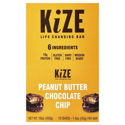 KiZE Life Changing Bar, арахисовая паста и шоколадная крошка, 10 батончиков по 45 г (1,6 унции)