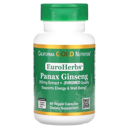 California Gold Nutrition, EuroHerbs, экстракт женьшеня обыкновенного, качество Euromed, 250 мг, 60 растительных капсул