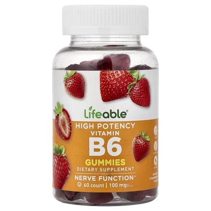 Lifeable, высокоэффективный витамин B6, со вкусом натуральной клубники, 100 мг, 60 жевательных таблеток (50 мг в 1 жевательной таблетке)