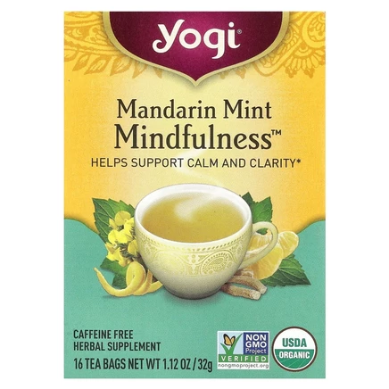 Yogi Tea, мандарин и мята, осознанность, без кофеина, 16 чайных пакетиков, 32 г (1,12 унции)