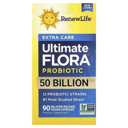 Renew Life, Ultimate Flora, пробиотик с повышенной силой действия, 50 млрд живых культур, 90 вегетарианских капсул