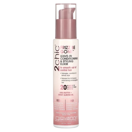 Giovanni, 2chic, Frizz Be Gone, несмываемый эликсир для разглаживания непослушных волос, для ухода и укладки, масло ши и масло сладкого миндаля, 118 мл (4 жидк. унции)