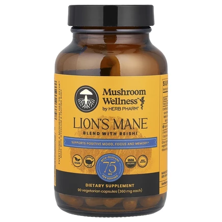 Herb Pharm, Mushroom Wellness ™, смесь из львиной гривы и рейши, 90 вегетарианских капсул