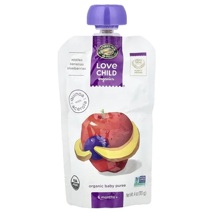 Love Child Organics, органическое пюре для детей, яблоки, бананы и голубика, для детей от 6 месяцев, 113 г (4 унции)