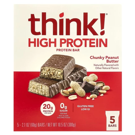 Think !, Высокопротеиновые батончики, кусочки арахисовой пасты, 5 батончиков, 60 г (2,1 унции) каждый