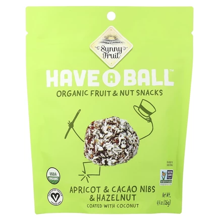 Sunny Fruit, have A Ball™, органические снеки с фруктами и орехами, абрикос, ядра какао-бобов и фундук, 126 г (4,4 унции)