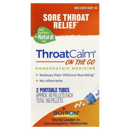 Boiron, ThroatCalm On The Go, 2 переносных тубуса, 80 гранул в каждом