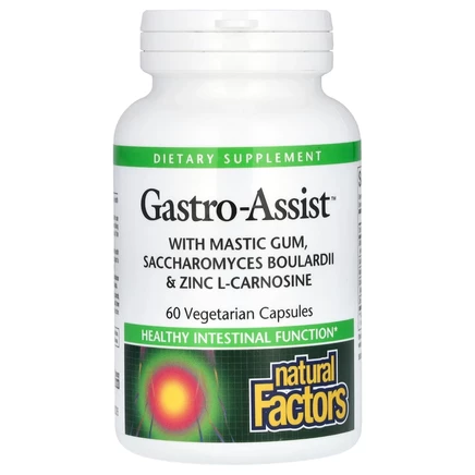 Natural Factors, Gastro-Assist с мастиковой смолой, сахаромицетами Буларди и L-карнозином цинка, 60 вегетарианских капсул