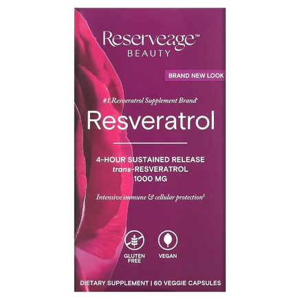 Reserveage Beauty, ресвератрол, транс-ресвератрол, 1000 мг, 60 растительных капсул (500 мг в 1 капсуле)