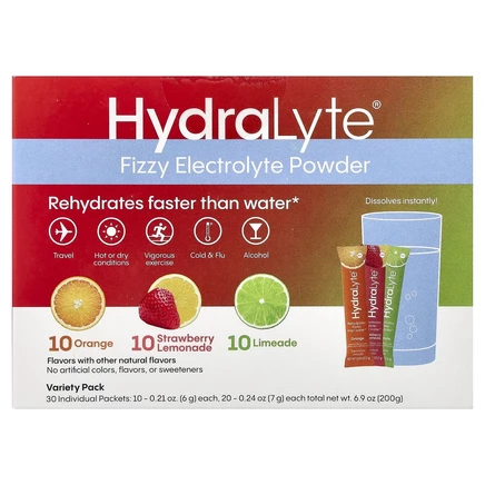 Hydralyte, шипучий электролитный порошок, ассорти вкусов, апельсин, клубничный лимонад и лаймад, 30 отдельных пакетиков