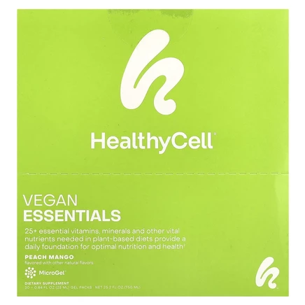 HealthyCell, Vegan Essentials, персик и манго, 30 гелевых пакетиков по 25 мл (0,84 жидк. Унции)