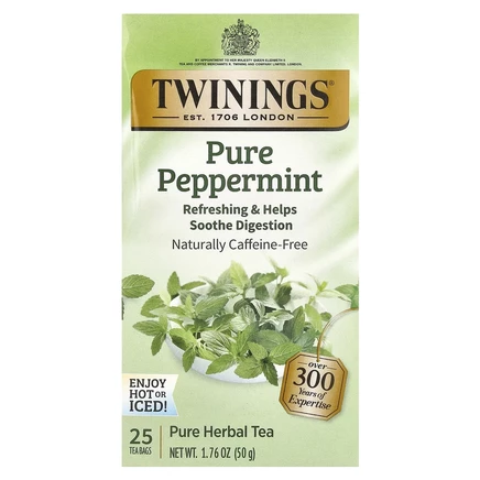 Twinings, травяной чай, чистая перечная мята, без кофеина, 25 чайных пакетиков, 50 г (1,76 унции)