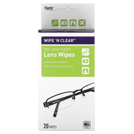 Flents, Wipe 'N Clear, увлажняющие салфетки для линз, 20 шт.