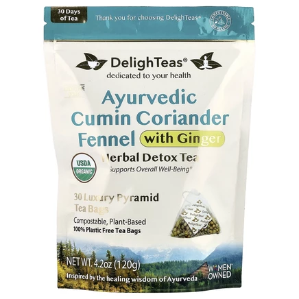 DelighTeas, Аюрведический кумин, кориандр и фенхель, травяной чай для выведения токсинов, без кофеина, 30 роскошных пакетиков-пирамидок, 120 г (4,2 унции)