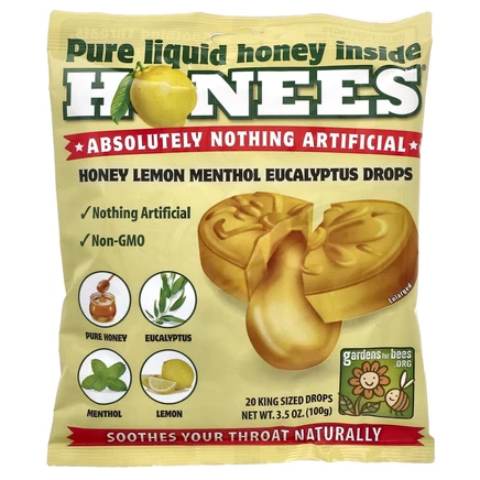 Honees, леденцы от кашля с медом, лимоном, ментолом и эвкалиптом, 20 больших леденцов, 100 г (3,5 унции)