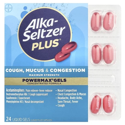 Alka-Seltzer Plus, Гели от кашля, слизи и заложенности носа PowerMax, максимальная эффективность, 24 жидких геля