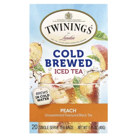 Twinings, холодный чай со льдом, несладкий черный чай, со вкусом персика, 20 чайных пакетиков на одну порцию, 40 г (1,41 унции)
