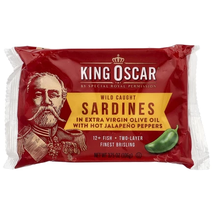 King Oscar, Дикая сардина, в оливковом масле первого отжима с острым перцем халапеньо, острое, двухслойное, 106 г (3,75 унции)