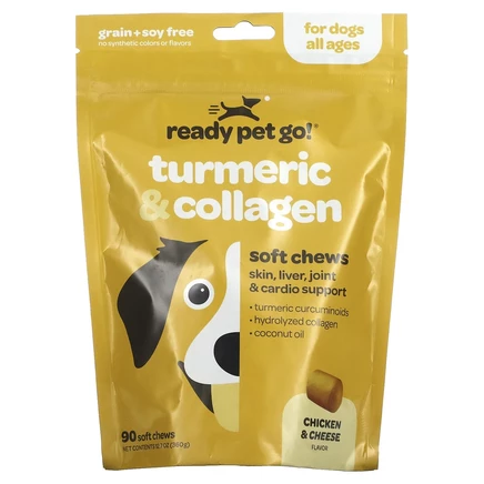 Ready Pet Go, Куркума и коллаген, для собак всех возрастов, со вкусом курицы и сыра, 90 мягких жевательных таблеток, 360 г, (12,7 унции)
