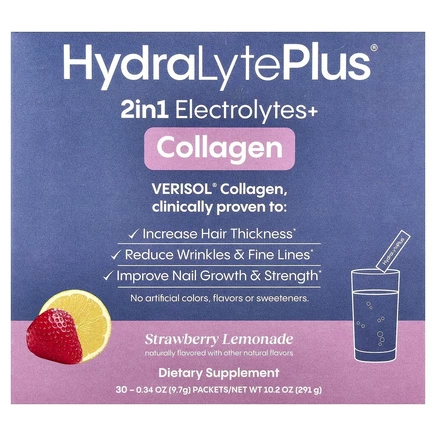Hydralyte, Verisol Collagen, порошок с газированным электролитом, клубничный лимонад, 30 пакетиков по 9,7 г (0,34 унции)