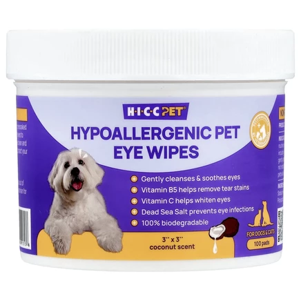 HICC Pet, гипоаллергенные салфетки для глаз, для собак и кошек, с кокосом, 100 шт.