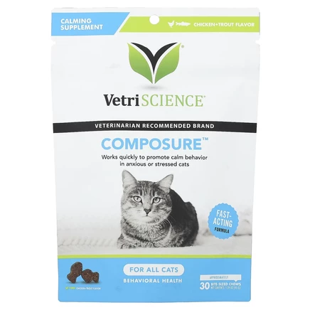 Vetriscience, Composure ™, для всех кошек, курица и форель, 30 жевательных таблеток, 45 г (1,59 унции)