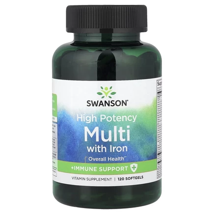 Swanson, Multi plus Immune Support с железом, высокая эффективность, 120 мягких таблеток