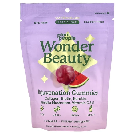 Plant People, WonderBeauty®, жевательные мармеладки для омоложения волос, кожи и ногтей, арбуз, 60 жевательных таблеток