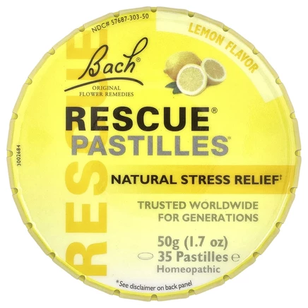 Bach, Original Flower Remedies, Спасательные пастилки, естественное снятие стресса, лимонный вкус, 35 пастилок, 1,7 унции (50 г)