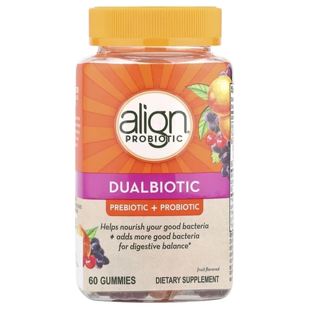 Align Probiotics, Dualbiotic, пребиотик и пробиотик, натуральные фрукты, 60 жевательных таблеток