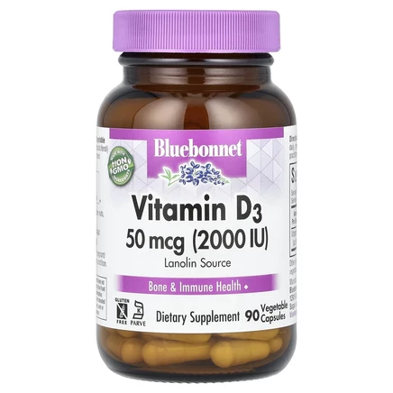 Bluebonnet Nutrition, Витамин D3, 50 мкг (2000 МЕ), 90 растительных капсул