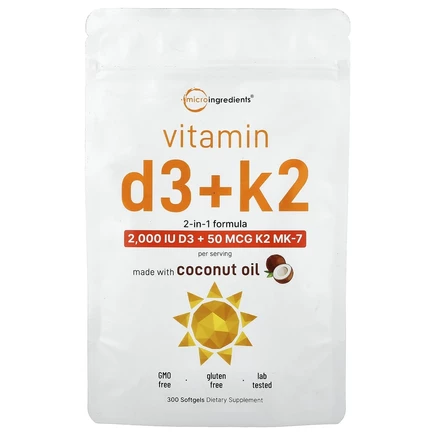 Micro Ingredients, витамины D3 и K2, 300 мягких таблеток