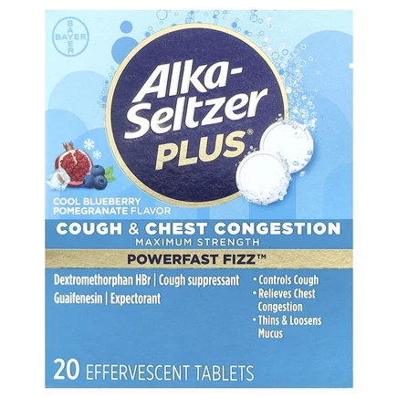 Alka-Seltzer Plus, Maximum Strength, от кашля и заложенности груди, классная черника и гранат, 20 шипучих таблеток
