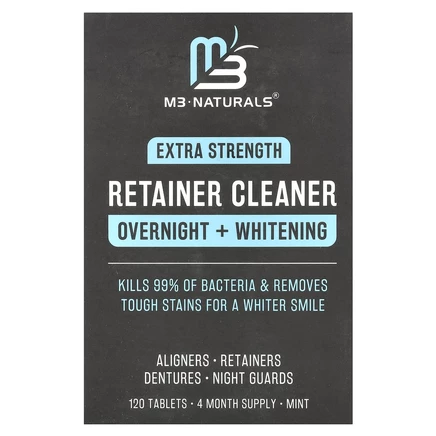 M3 Naturals, Retainer Cleaner, Overnight + Whitening, Extra Strength, Mint, 120 таблеток