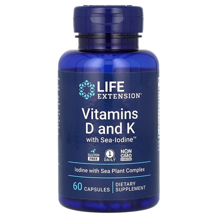 Life Extension, витамины D и К с йодом Sea-Iodine, 60 капсул