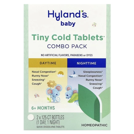 Hyland's Naturals, Для детей, комбо-упаковка в крошечных таблетках от простуды, для дневного и вечернего приема, для детей от 6 месяцев, 2 флакона, по 125 быстрорастворимых таблеток