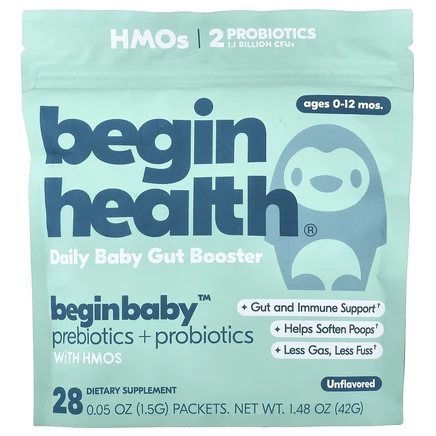 Begin Health, пребиотики и пробиотики для детей от 0 до 12 месяцев, без ароматизаторов, 28 пакетиков по 1,5 г (0,05 унции)