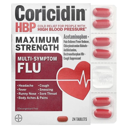Coricidin HBP, Мультисимптомный грипп, максимальная эффективность, 24 таблетки