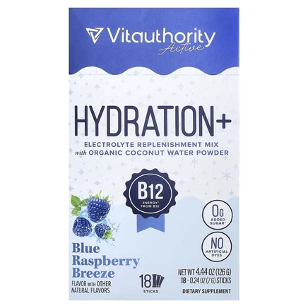 Vitauthority, Active, Hydration+, голубая малина, 18 стиков по 7 г (0,24 унции) в 1 стике