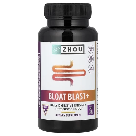 Zhou Nutrition, Bloat Blast+, добавка против вздутия живота, 30 веганских капсул