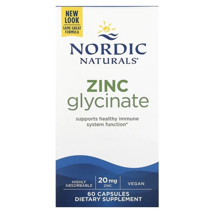 Nordic Naturals, глицинат цинка, 20 мг, 60 капсул