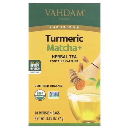 Vahdam Teas, Infusions, травяной чай, куркума и матча, 18 пакетиков для заваривания, 27 г (0,95 унции)