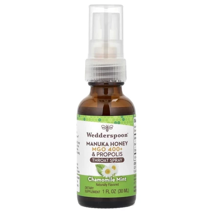 Wedderspoon, Manuka Honey, & Propolis, спрей для горла, ромашка и мята, MGO 400+, 30 мл (1 жидк. Унция)