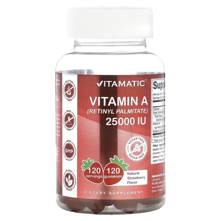 Vitamatic, Витамин A (ретинилпальмитат), натуральная клубника, 25000 МЕ, 120 жевательных таблеток