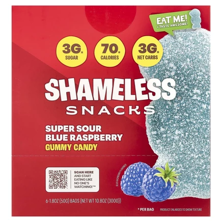 Shameless Snacks, суперкислые жевательные конфеты, со вкусом голубой малины, 6 пакетиков по 50 г (1,8 унции)