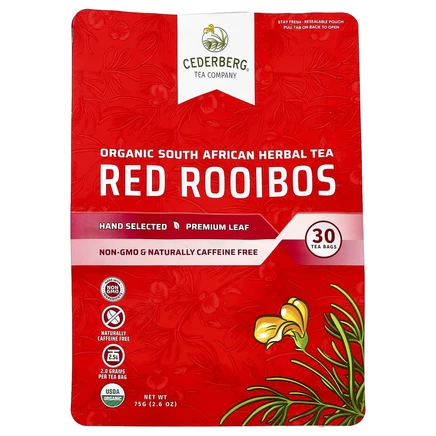 Cederberg Tea Co, органический южноафриканский травяной чай, красный ройбуш, без кофеина, 30 чайных пакетиков, 75 г (2,6 унции)