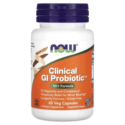 NOW Foods, Clinical GI Probiotic, смесь пробиотиков для пищеварения, для людей старше 50 лет, 60 растительных капсул